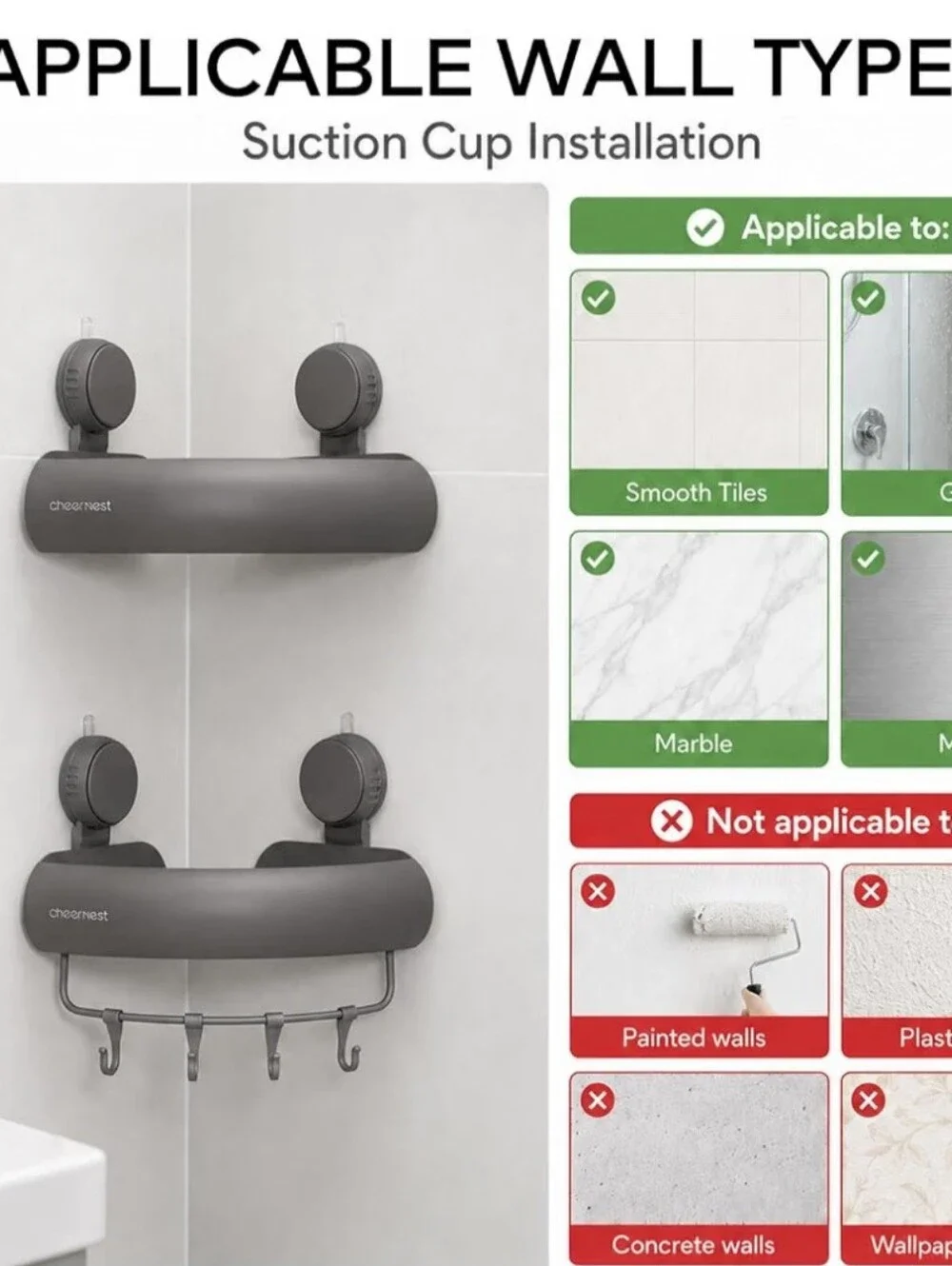 Gray Suction Shower Caddy Organizer - Wall Mounted Bathroom Shelf